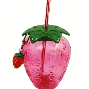 16 oz Strawberry Cup With Lid, Strawberry Charm, and Decorative Straw Party Cup Tumblers Drinkware 16 0z Reusable Washable Portable Bottle Water Bottles Mug Bottled