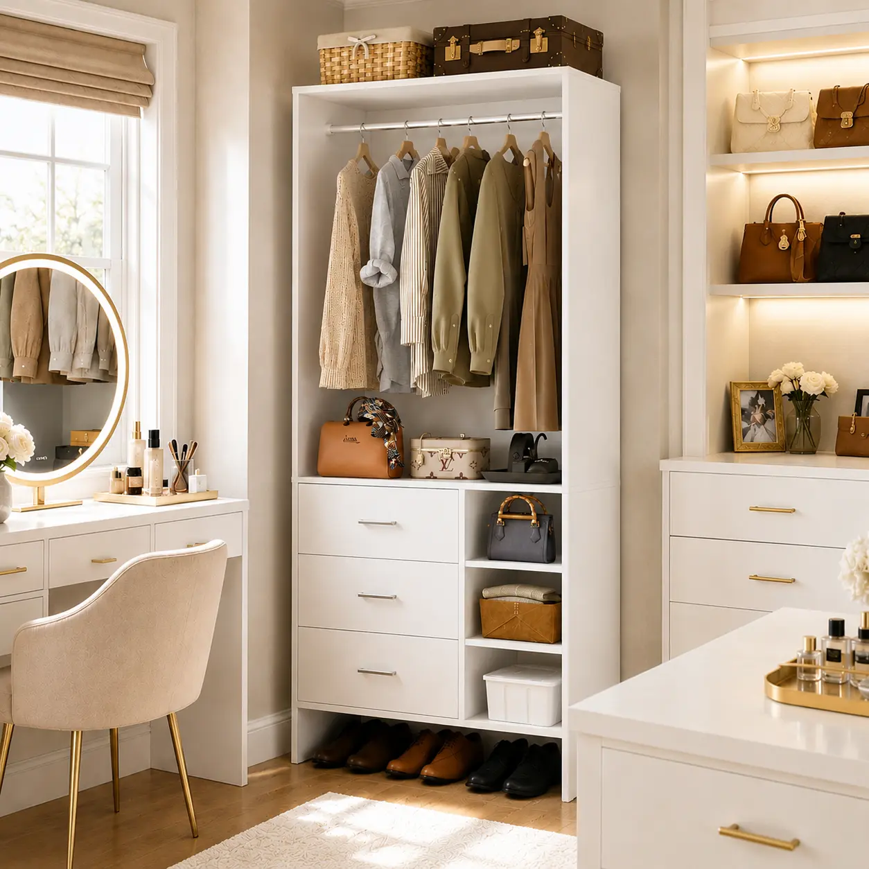 30'' W Wood Closet Organizer System with 3 Drawers, Modern 600 LBS Heavy Duty Closet System Wardrobe Cabinet with Hanging Rod & Side Shelves,Sapace-saving