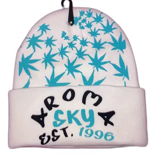 White winter Beanie W/ Teal Blue weed leaf desighns Winter Winter