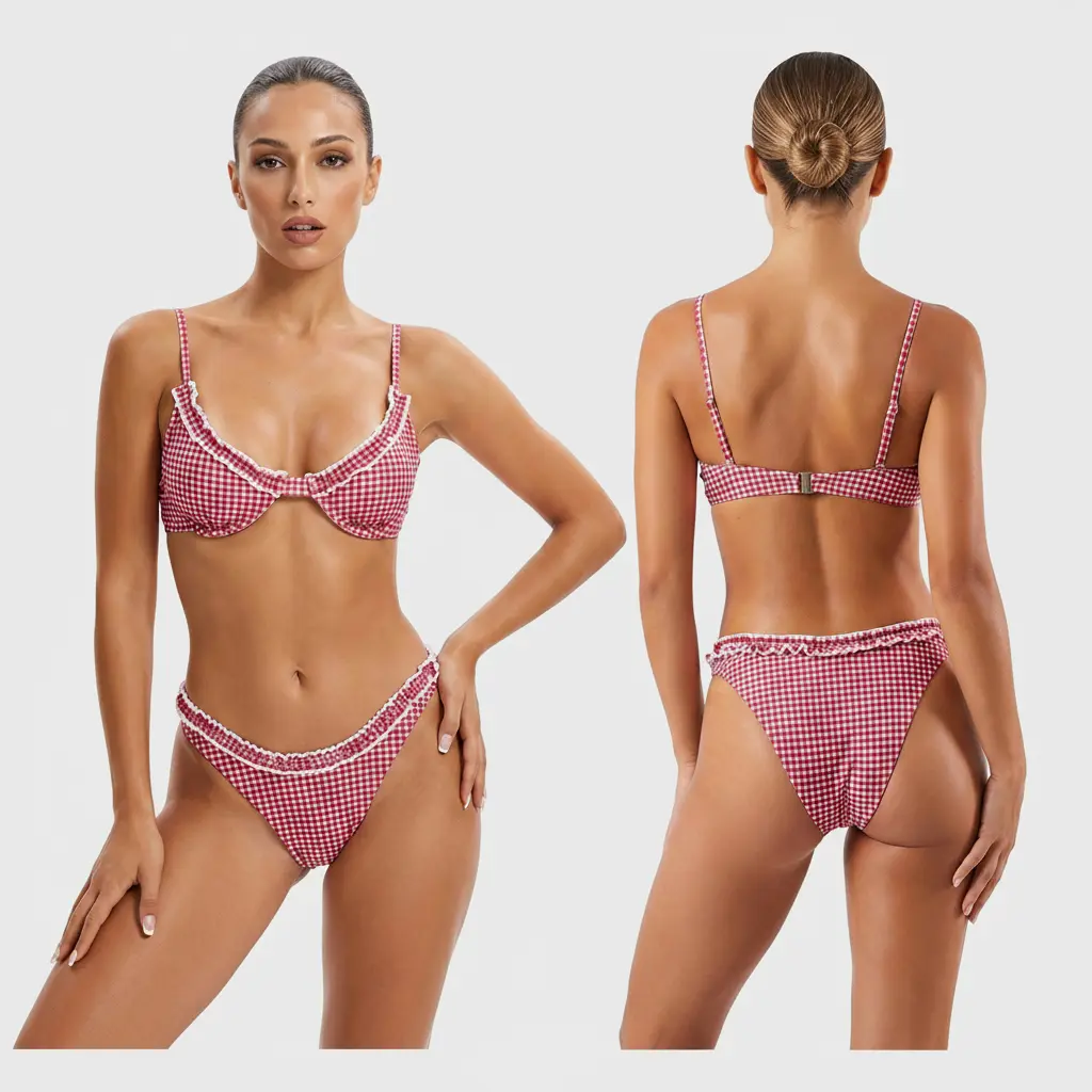 Women 2 Piece Bikini Swimsuit Set Plaid Frill Trim V Neck Bra and High Rise Thongs 2 Piece Bathing Suit Outfits