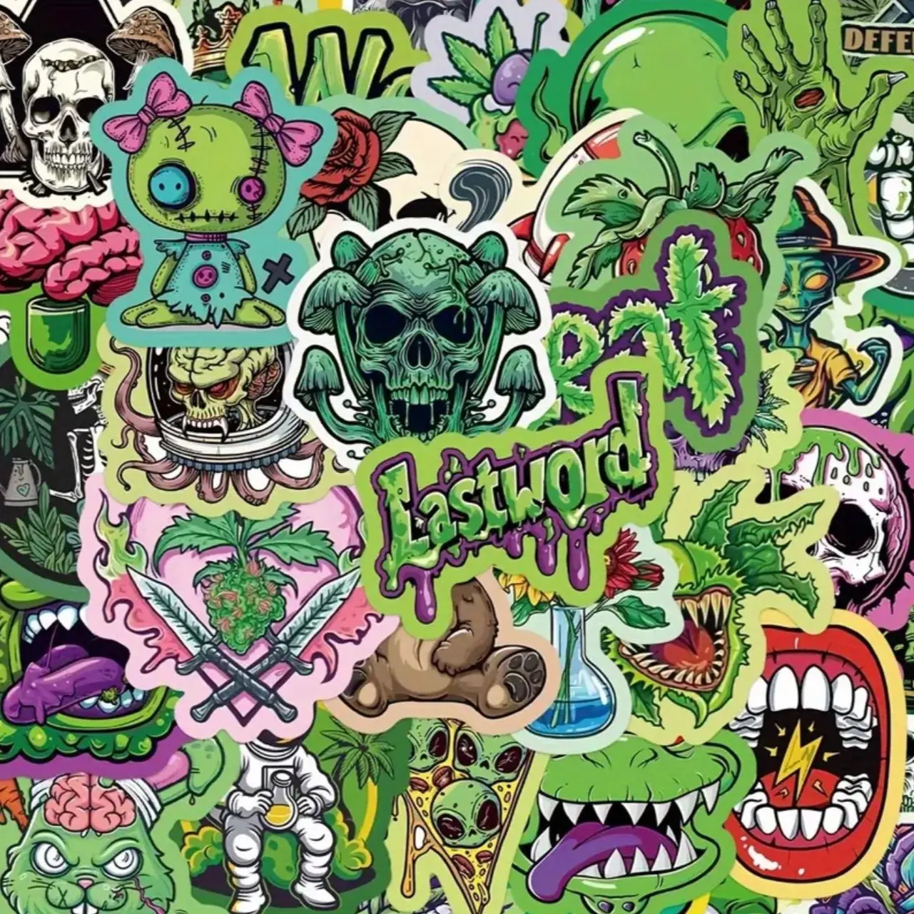 50 Pack of Gothic, Horror, Skeleton, Zombie and Scary Themed Stickers and Waterproof Decals