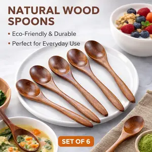 6 Pack Small Wooden Spoons, Mini Teaspoon for Honey Jar, Condiments, Salt, Sugar, Coffee, Natural Bamboo Serving Utensils, Aesthetic Kitchen Accessories, Eco Friendly Tiny Spoons for Daily Use