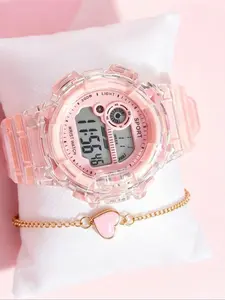 Candy Color Digital Watch Set, Glow in Dark Waterproof Sport Watch, Heart Pony Bracelet, Perfect Gift for Teens Girls, Valentine's Day Birthday Present