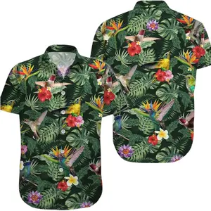 Hawaiian Shirt Hummingbird Flowers Tropical Print – Jungle Bird Aloha Button Down, Summer Vacation Outfit, Beach Party Shirt for Men Women Menswear Top