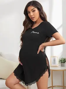 Maternity Letter Graphic Lace Trim Sheer Lounge Dress Short Sleeve Round Neck Summer Casual Black Sleepshirt
