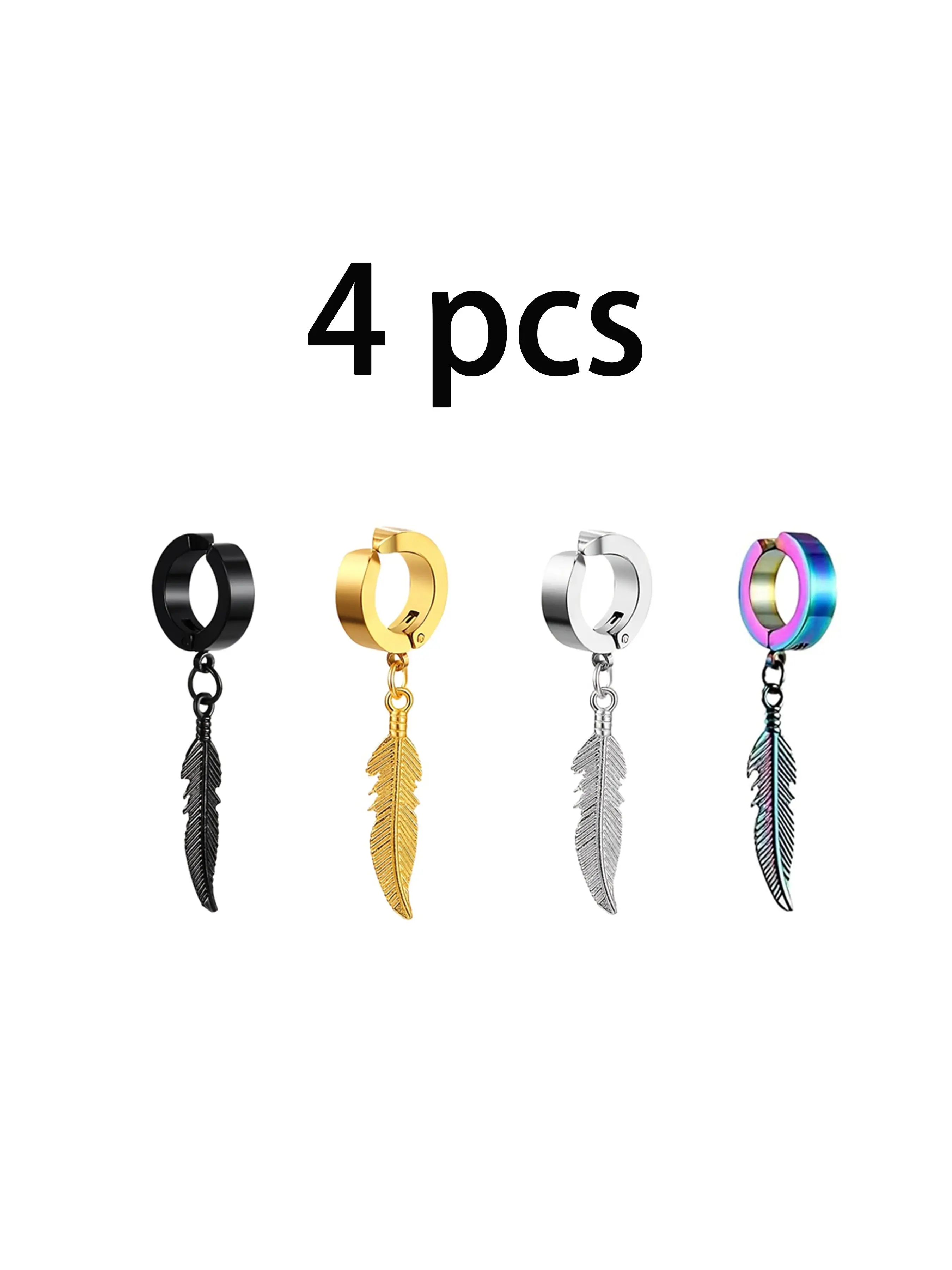 4 Pcs Men's Feather Earrings Set, Stainless Steel Punk Style, Fashionable Cool Dangle Earrings, Lightweight Luxury Accessories, Dangling Earrings
