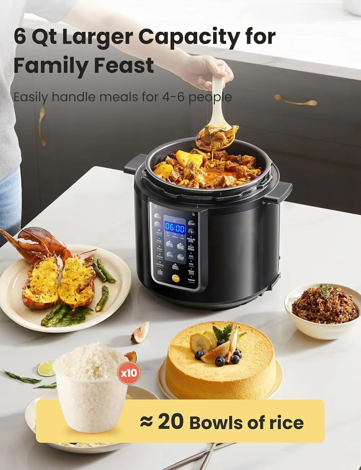 6-Quart Electric Pressure Cooker, 9-in-1 Multi Cooker with Nonstick Pot, For Rice Slow Cooking Steaming Sautéing & Yogurt Making, Pressure Cooker Rice Cooker Kitchen Appliance