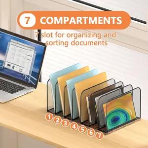 Metallic & Wooden Desktop File Organizer, 7-Section Vertical Folder Rack, Teacher Office Desk Document Storage, Office Table File Management