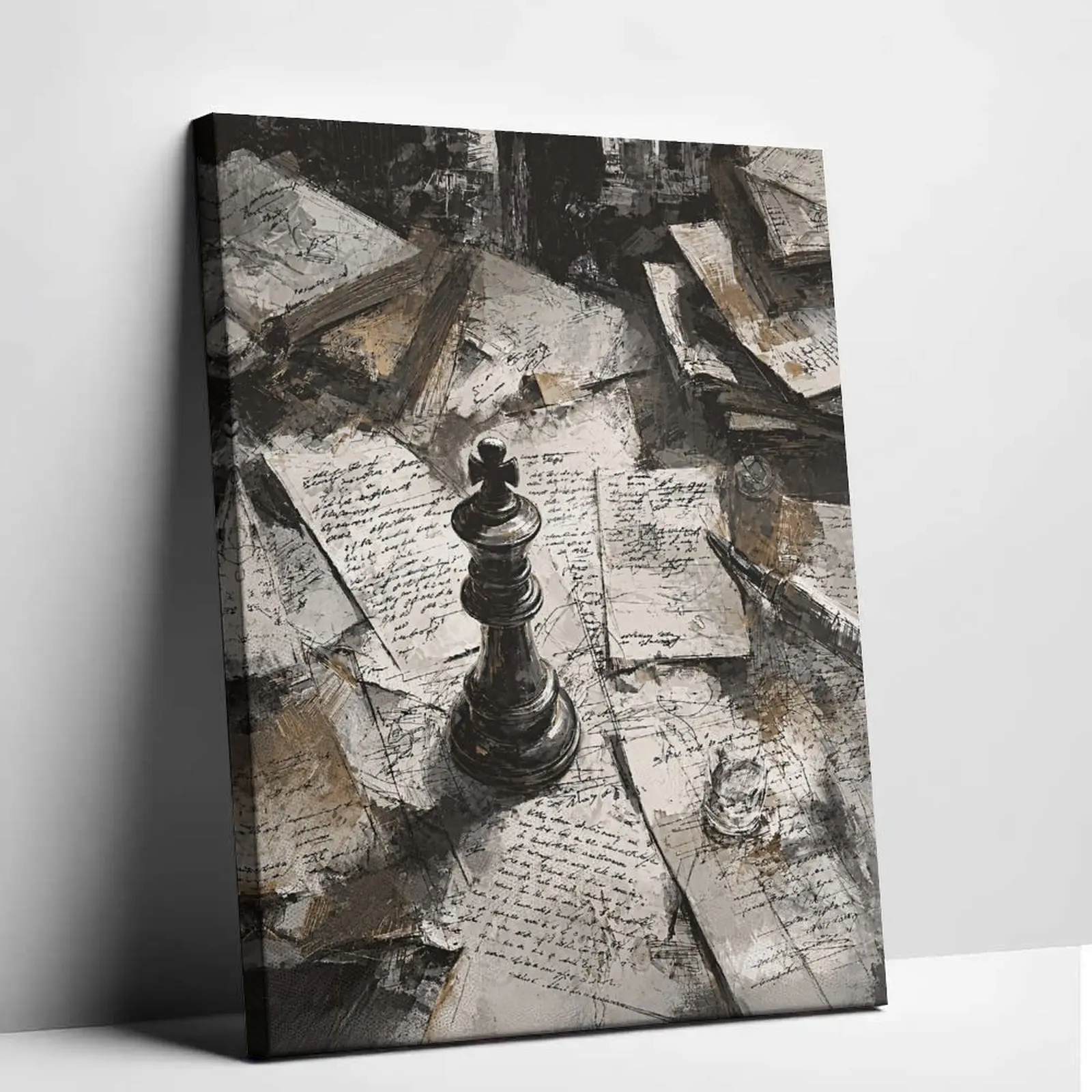 Vintage Chess King Piece Canvas Wall Art Dark Academia Manuscript Poster Print Retro Sketch Fountain Pen Still Life Canvas Painting Aesthetic Picture Decor for Living Room Office Studio