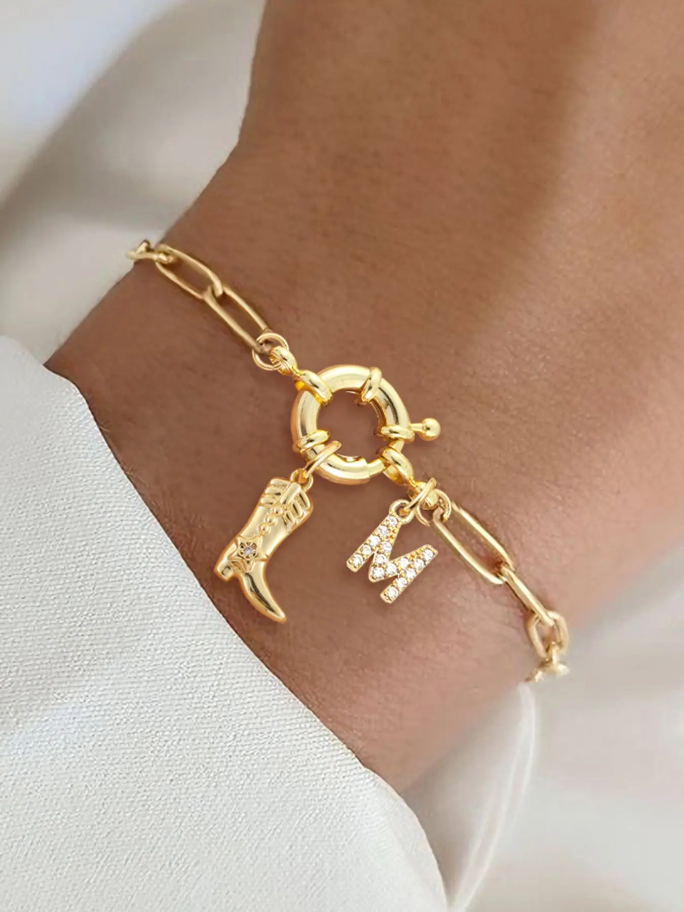 Western Cowboy Boot Initial Letter Spring Clasp Women's Bracelet, Simple Vintage Stainless Steel Chain, Casual All Seasons Jewelry