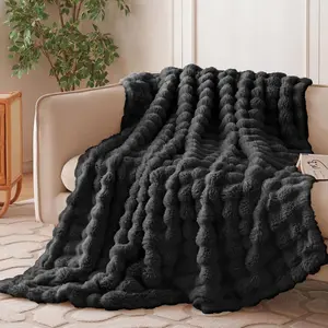 Faux  Throw Blanket for Couch Bed 60x80, Luxury Soft Thick Fuzzy Plush Bubble Blanket, Warm Cozy Blanket for Sofa Chair, Black