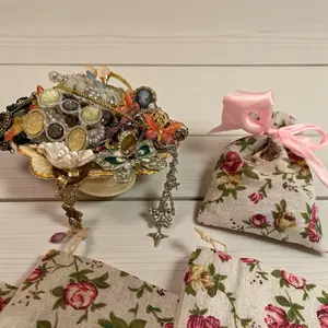 Pearls and Butterflies Assorted Costume Jewelry in Floral Reusable Drawstring Pouch for Mother’s Day Gift