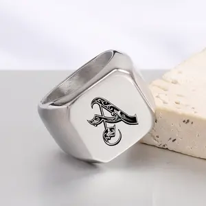18MM Smooth Square Laser Engraved Alphabet Ring Simple Stainless Steel Band
