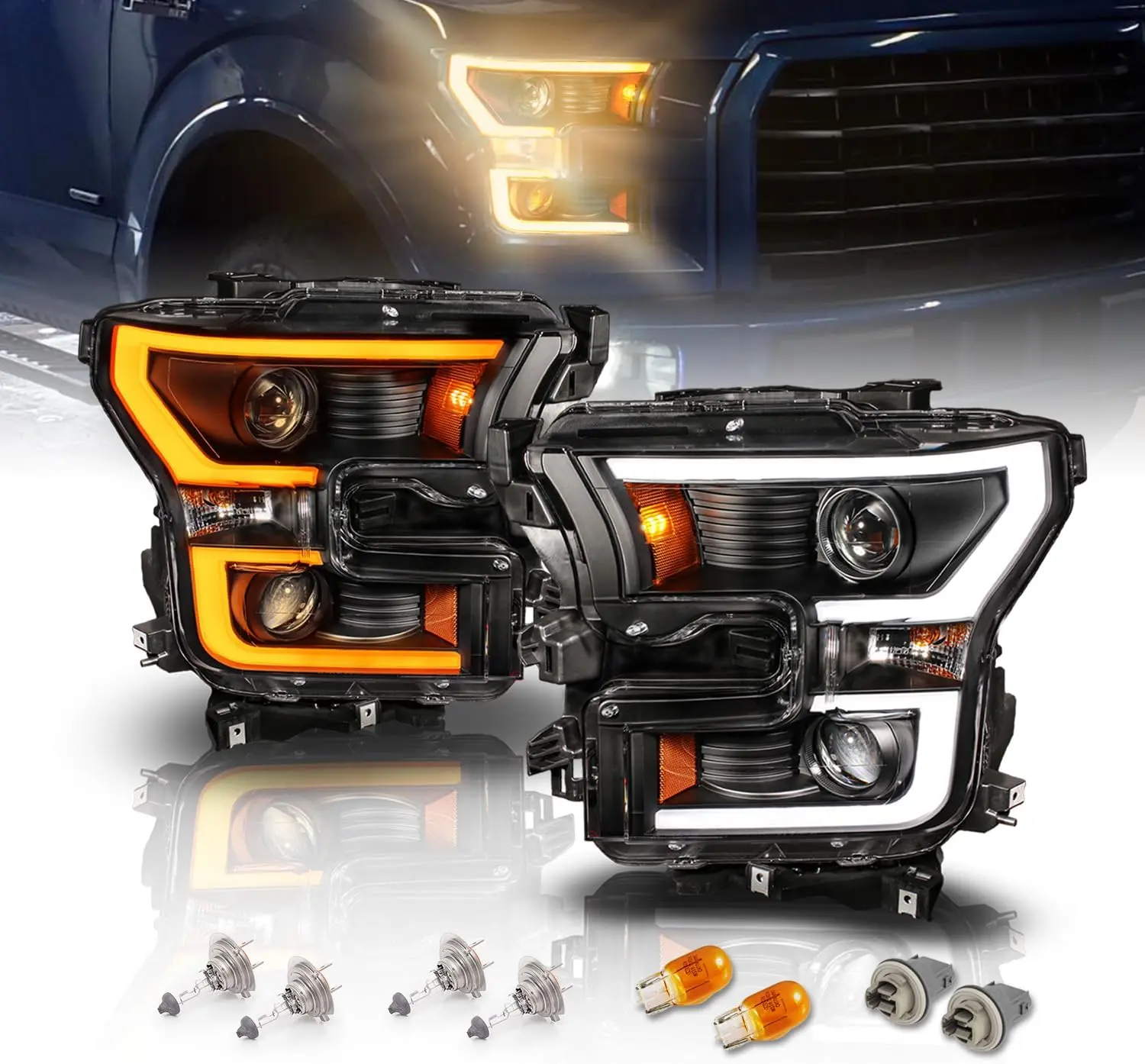 AmeriLite for 2015-2017 Ford F150 Switchback LED Tube Dual Projector Black Replacement Headlight Assembly Set - Driver and Passenger Side