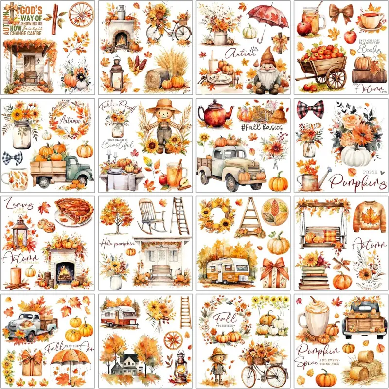 16 Sheets Fall Pumpkin Rub on Transfers for Crafts Furniture, Thanksgiving Harvest Sticker Decals for Home Glass Gifts Decor DIY Paper Crafts Wood Supplies 6 x 6 Inch