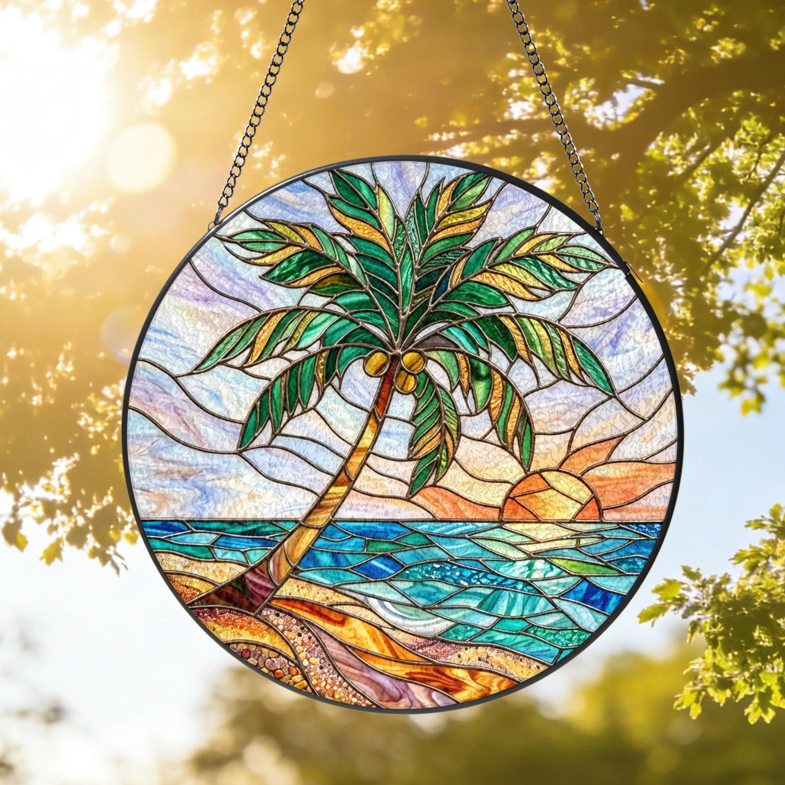 [Made in US] Tropical Palm Tree Stained Glass Suncatcher, Beach Sunset Window Hanging, Ocean Lover Gift, Summer Decor