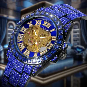 CAROTIF Men's Luxury Iced Out Watch Automatic Mechanical Watch, Skeleton Movement Roman Numeral Waterproof Dial, Trendy Wristwatch for Parties and Social Events