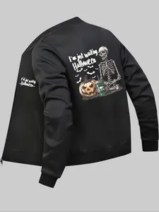 Men's Cartoon Skeleton & Letter Print Zip Up Jacket, Regular Fit Casual Long Sleeve Mock Neck Outerwear for Daily Wear, Men's Clothes for All Seasons