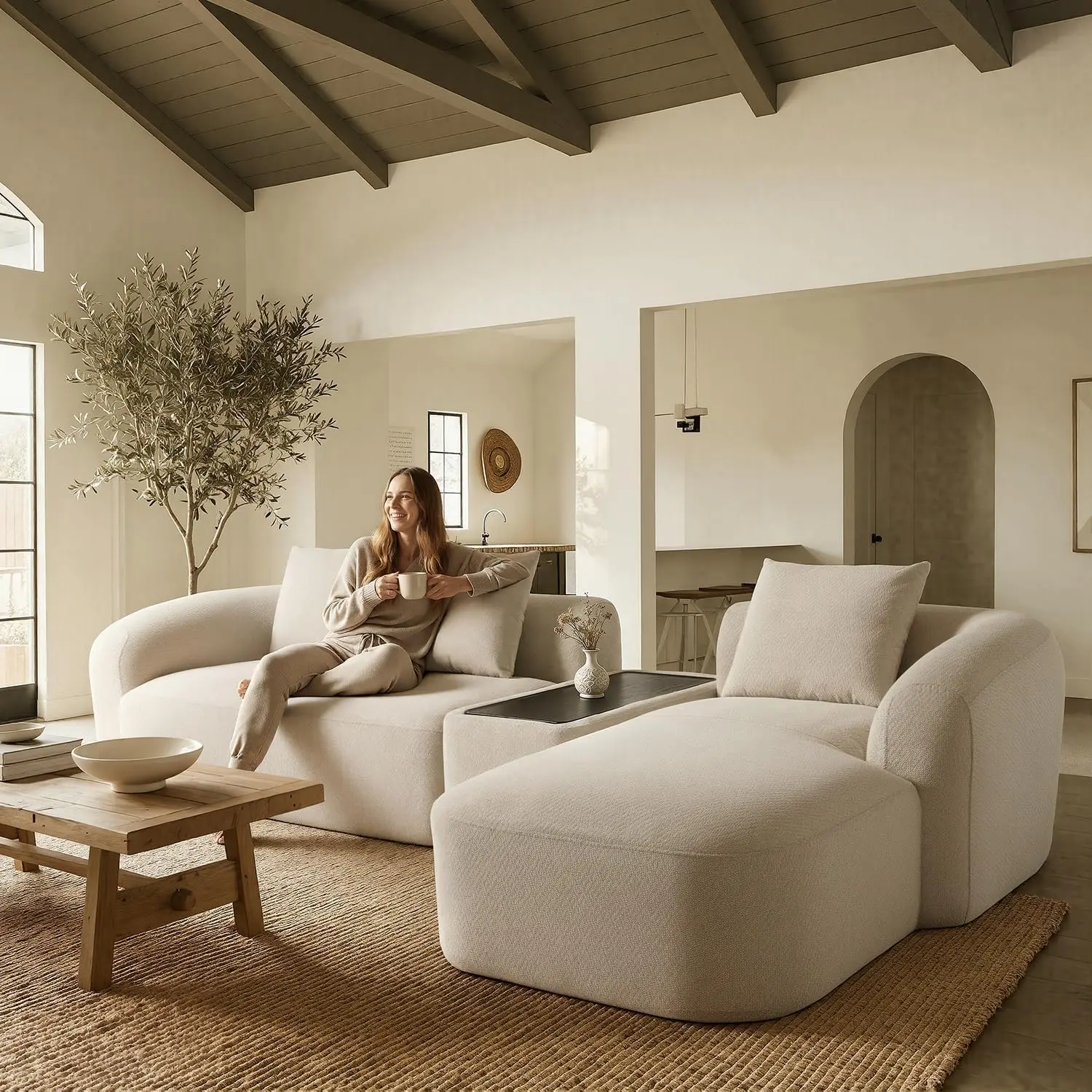 【Summer Vibes】Relefree Modular Sectional Sofa 136'' Modern Curved L Shaped Couch with Movable Coffee Table High-Resilience Foam 3 Pillows Chenille Brown Right Facing Chaise for Living Room summerwins,dorm essentials,home decor