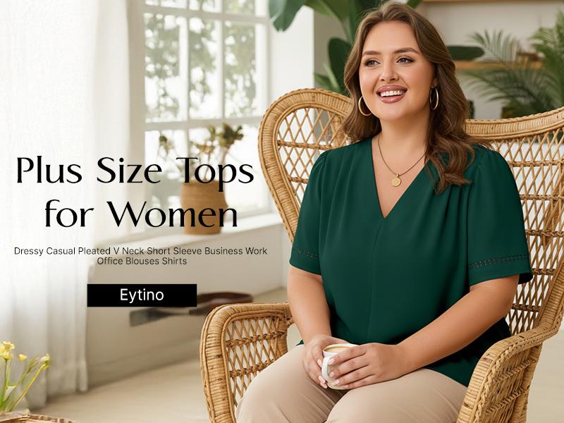 Eytino Plus Size Tops for Women Dressy Casual Pleated V Neck Short Sleeve Business Work Office Blouses Shirts(1X-5X)