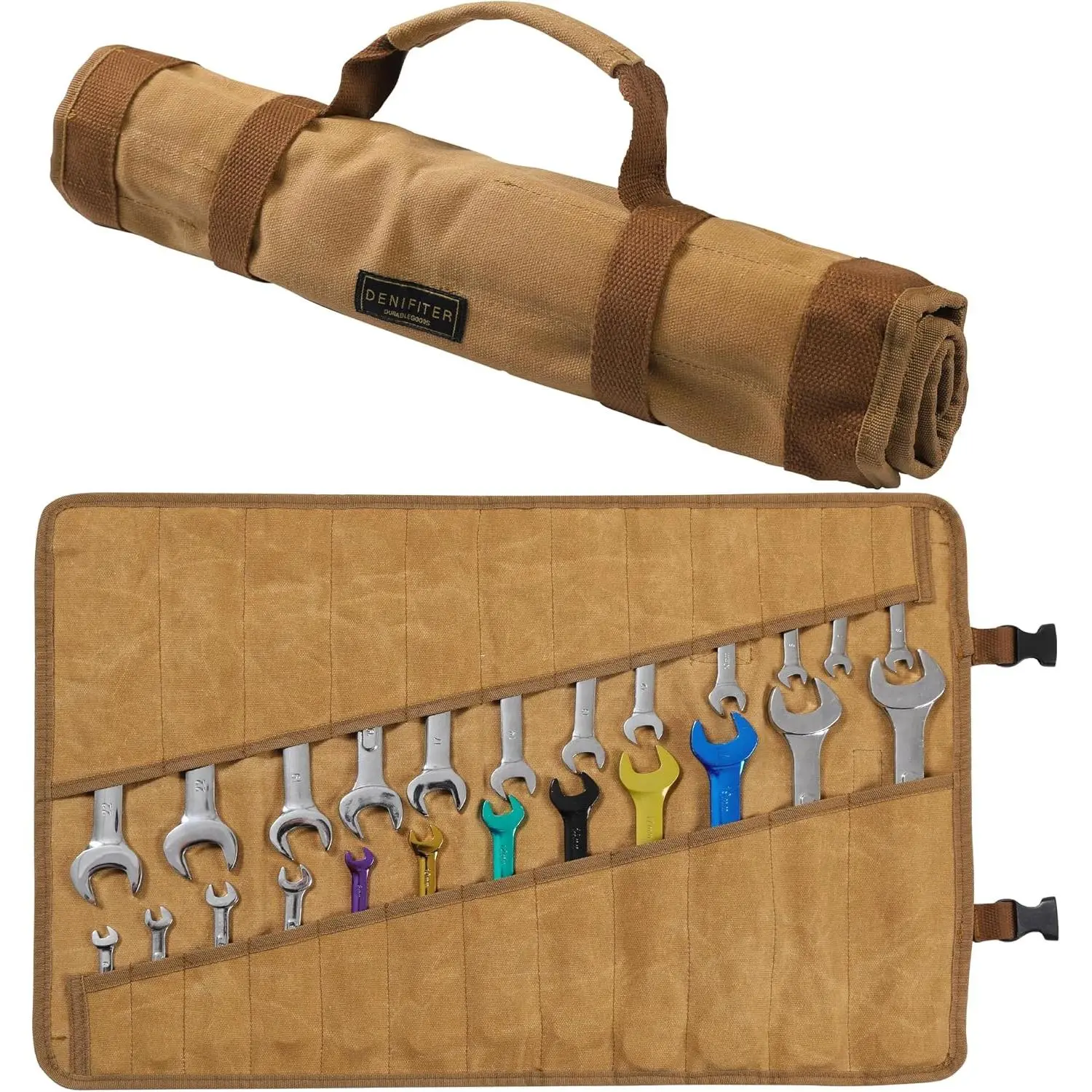 Heavy-Duty 16oz Waxed Canvas Wrench Roll-Up Organizer Pouch - Tool Bag with 24 Pockets, Buckle Closure, Tool Storage Solution