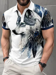 Men's Wolf Graphic Print Short Sleeve Polo Shirt, Classic Fit Comfortable Wear, Fashion Casual Animal Print, Best Gift Choice