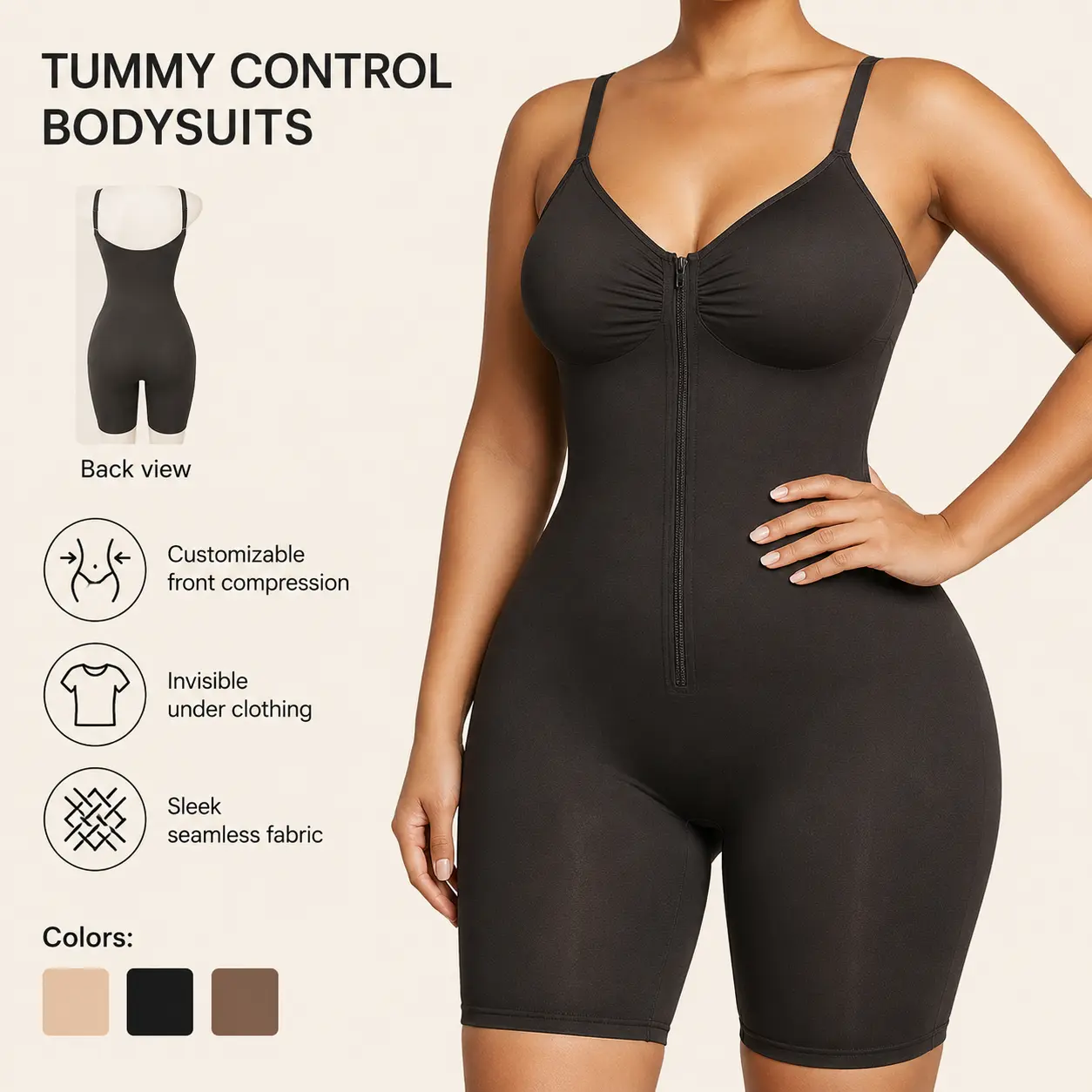 Women's Tummy Control Shapewear Bodysuit - Zip-Up, Ultra Stretch Fabric, Customized Fit, Breathable Mesh, Compression Support, Chic, Everyday, Minimalist Design