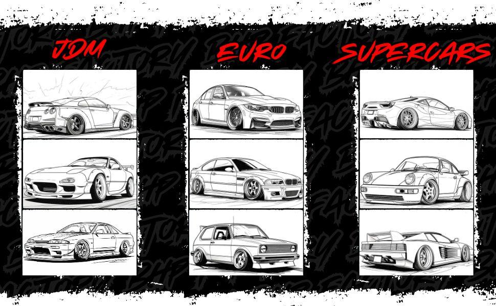 Modified Cars Coloring Book: JDM, Retro & Sport Car Illustrations for Adults and Kids