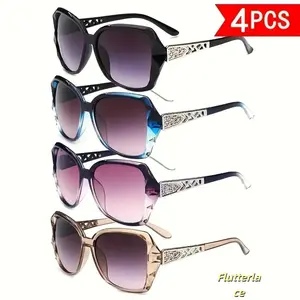 Trendy Summer Sunglasses Set – 4-Piece Y2K Retro Oversized Glasses with Hollow Temples, Elegant Sun Protection Eyewear for Beach, Pool, Travel, Street Style, Outdoor Activities