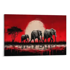 Elephant Canvas Wall Art - Black And Red A Family of Elephants Walking Across The Savanna Painting Picture Wild Animals African Sunset Poster Canvas Poster Bedroom Decor Office Room Decor Gift Frames Ornaments Artistic Decoration Print Photo Frame-.