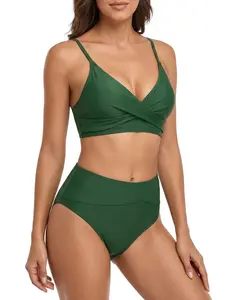 JointlyCreating Women's 2-Piece High-Waisted Bikini Set - V-Neck Twist-Front Swimsuit with Adjustable Spaghetti Straps for Sports, Outdoor Activities