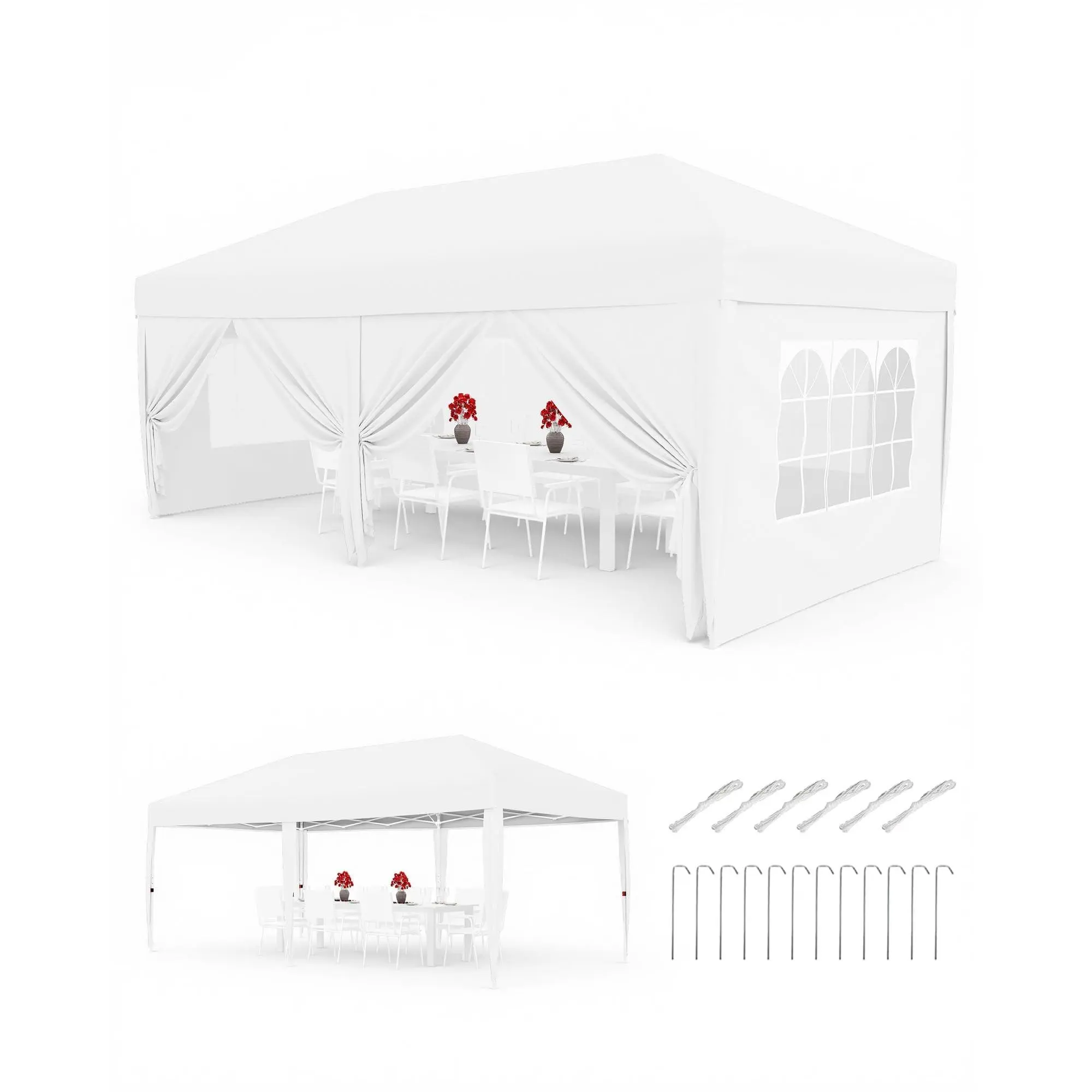 Waterproof and Durable Camping Tent 3x6m - 6 Sidewalls, Stable Folding Pavilion, 420D Oxford, UV50+ Protection, Adjustable Height, Carry Bag,White