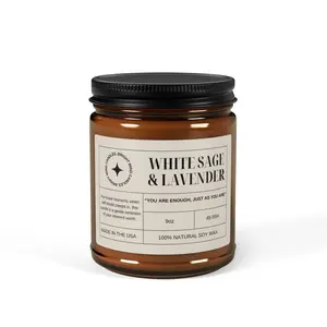 White Sage & Lavender Candle: Affirmation Candle, Vegan Soy Wax (Multi-Size, Amber Jar 9oz)