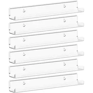 Narrow Floating Shelves for Vinyl Record 6 Pack, 12" Clear Wall Shelves for Nail Polish/Book/Picture/Makeup, Acrylic Wall Display Shelf Organizer for Bedroom, Living Room, Bathroom Decor