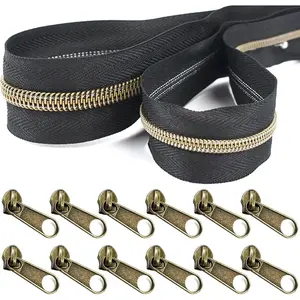 Metallic Nylon Coil Zippers #5 10 Yards Sewing Zippers Bulk DIY Zipper by The Yard Bulk with 20 count Zipper Slider for DIY Sewing (Anti-Brass  Black Tape)