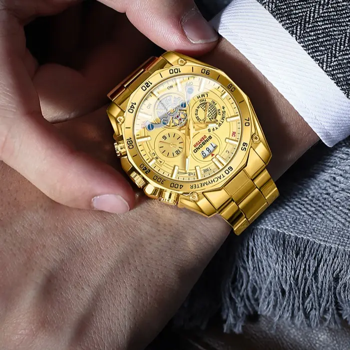 BINBOND -- Men's Luminous Calendar Quartz Watch, Luxury Chronograph, Sports Business Wristwatch, Analog Face, Hardlex Glass Dial, Quartz Movement, Luminous Date Wristwatch