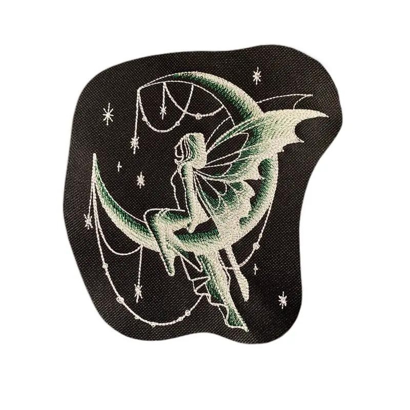 Glow-in-the-Dark Embroidered Celestial Moon Fairy Patch - Glow Thread, Detailed Stitch, Fantasy Theme, Multi-Size, Green Design, Customizable Colors, Ethereal Effect, Iron-On/Sew-On, 3.5"x3.82", for Cosplay, Bags, Jackets