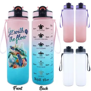 1pc 32oz Sports Water Bottle Sea Turtle Design Go with the Flow Text Underwater Corals Shell Elements Feature Ideal for Daily Use Gift Option Outdoor Durable Large Capacity Hiking Water Bottle Time Marker Water Bottle
