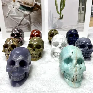 IG Crystal 1 Count Different Materials Skull Crystal Carving Unakite Leopard Skin Jasper Purple/Blue Aventurine White Turquoise Red Jasper Sodalite Carribean Calcit Rohdnite Floriated Jasper Home Office Decor