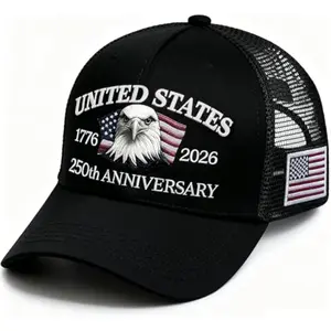 250 Anniversary USA Hat 250th Anniversary USA hat 1776-2026 Embroidery Hat Black Adjustable Mesh-Back Cap