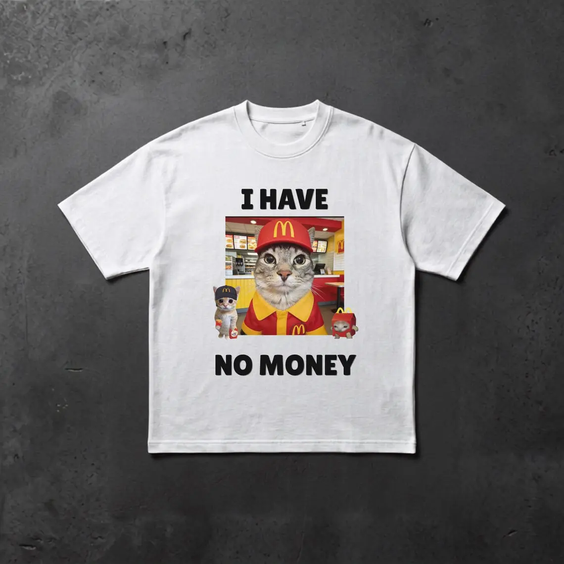 Fast Food Cat Employee Graphic Tee, Funny "I Have No Money" Meme T-Shirt, Relatable Broke Gen-Z Joke White Unisex Shirt