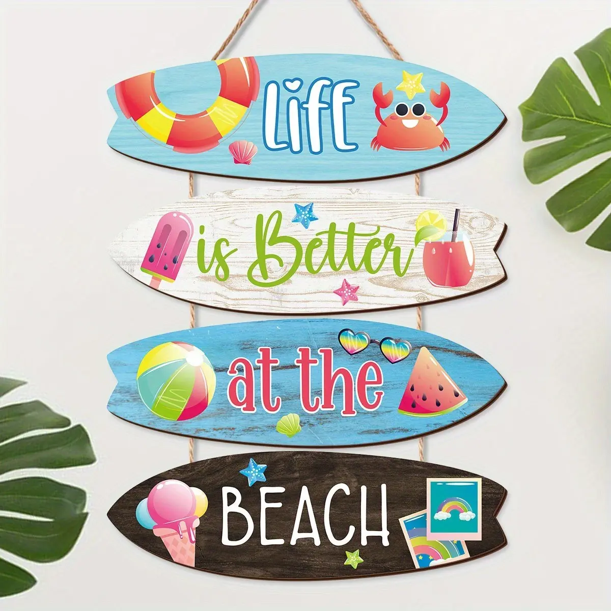 Summer Wooden Surfboard Shape Hanging Ornament Set, Artificial Wood Beach Wall Decor with Life Like Tide Slogan, Poolside Backyard Door Decoration