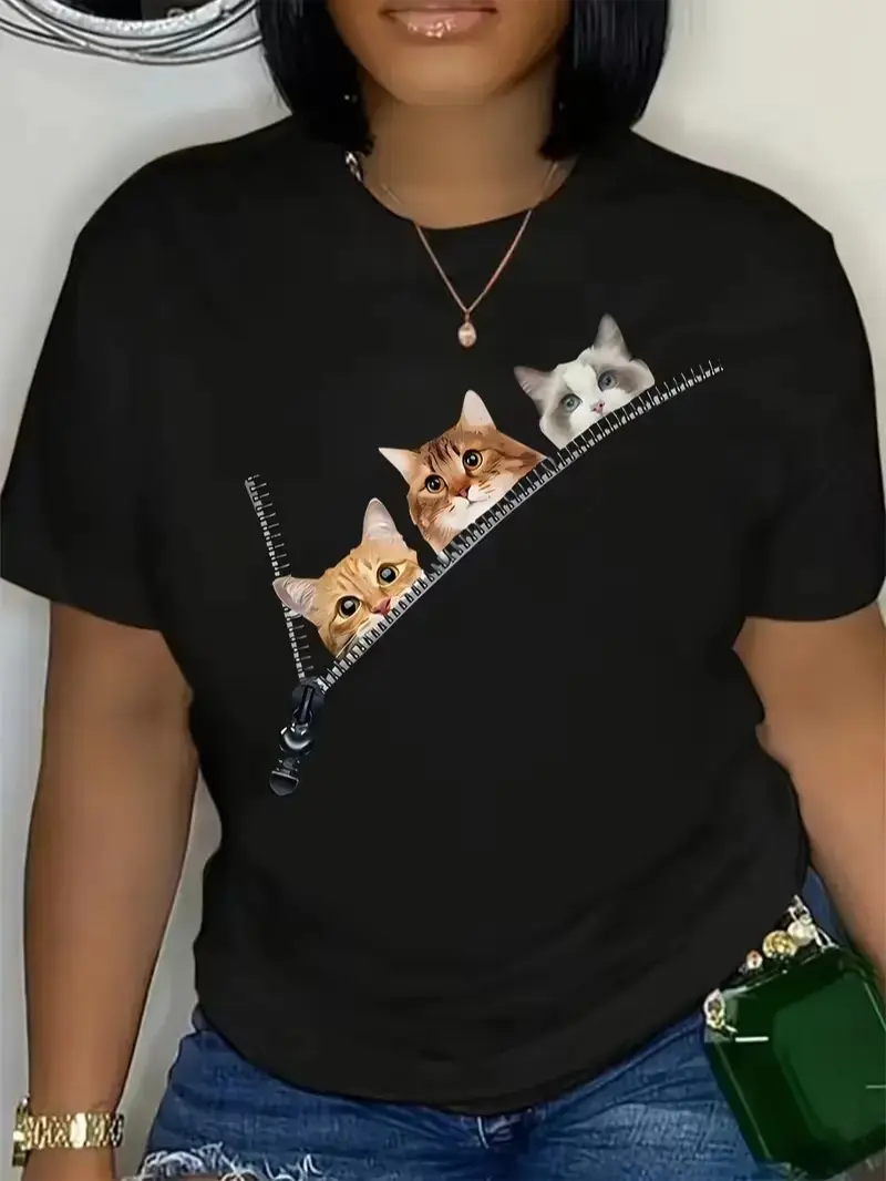 Zipper Peeking Three Cats Cartoon Graphic T-Shirt,Unisex Cute Cat Lover Daily Tee, Printed Craft Casual Top SummerVibes, Relaxed Soft Breathable womens summer clothing summer outfits women