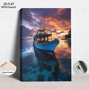 1Pcs Framed 2D Flat Seaside Sunrise Blue Fishing Boat Decorative Painting Modern Living Room Background Wall Art Bedroom Dining Room Canvas Mural Nordic Style Home Decoration Home decor Wall art