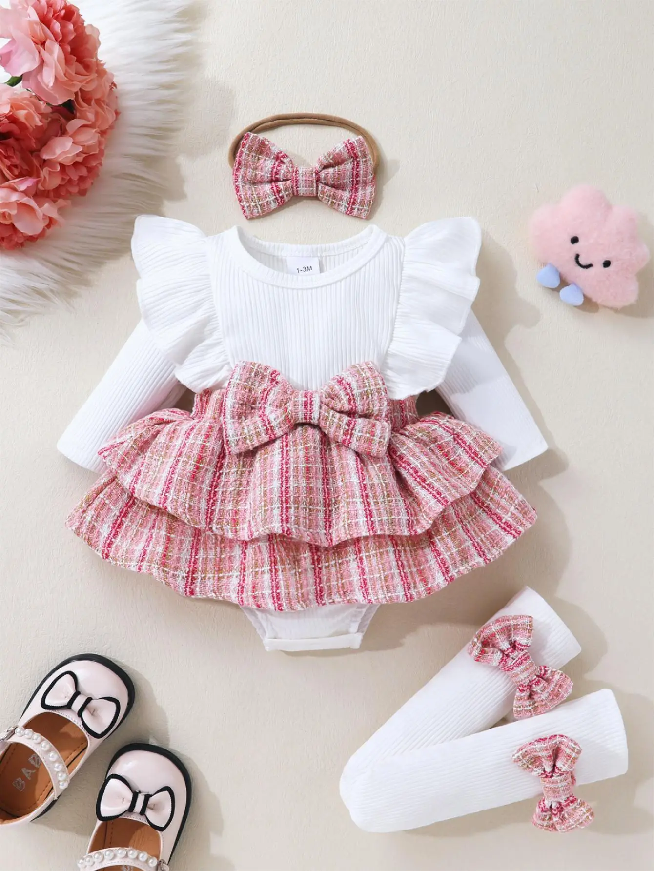 3-piece Set Of Soft, Breathable, Comfortable And Cute Baby Girl Front Bow Splicing Small Fragrance Ruffle Edge Dress Jumpsuit And Headband Sock Set