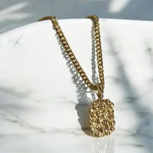 LSJ 14k Gold Plated Small Square Nugget + Choose Chain: Figaro 24” Miami Cuban Link 24” Flat Cuban 24”
