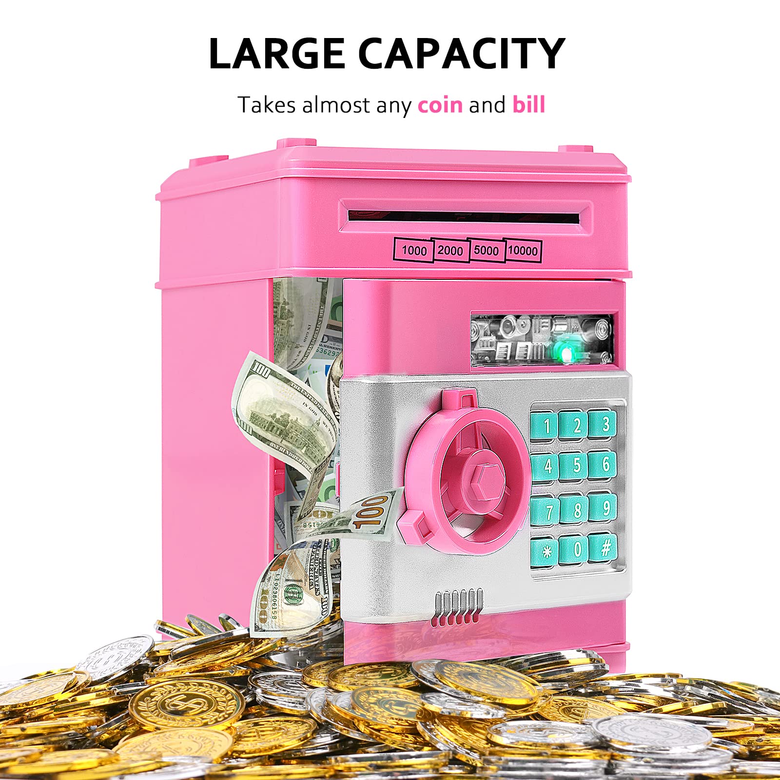Pink/black  Piggy Bank for Kids with Password Code Lock and Auto Grab Bill Slot, Real Money Cash Coin Can Saving Box Electronic Money Safe Bank, Hot Gift for 4 7 8 9 10 11 Year Old Boys Girls，money saving binder，money saving binder