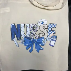Nurse Tote Bag with Blue Bow and Medical Icons for Healthcare Professionals