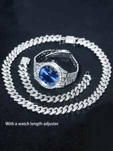 3-piece set of round rhinestone quartz watches with alloy straps, zinc alloy hands, zinc alloy dials, along with bracelets and necklaces, women's jewelry gifts