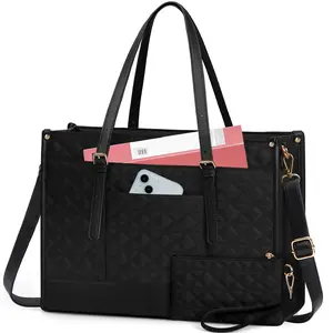 Laptop Bag for Women 15.6 Inch Vegan Leather Work Tote Bag Quilted Womens Briefcase Designer Laptop Bags for Office Teacher College Cute Computer Bag with Purse Professional